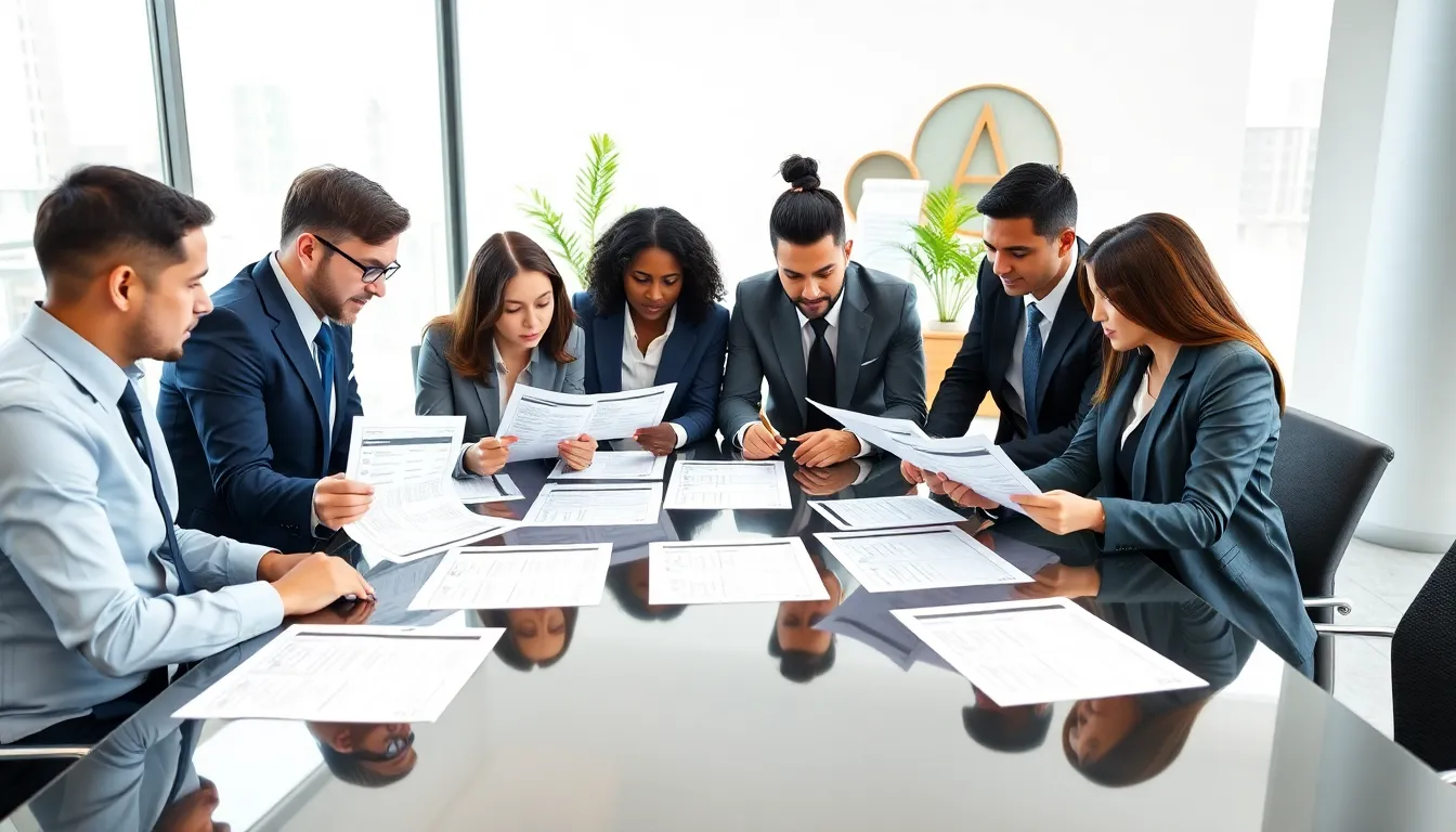 diverse team discussing goal setting worksheets in a modern office.